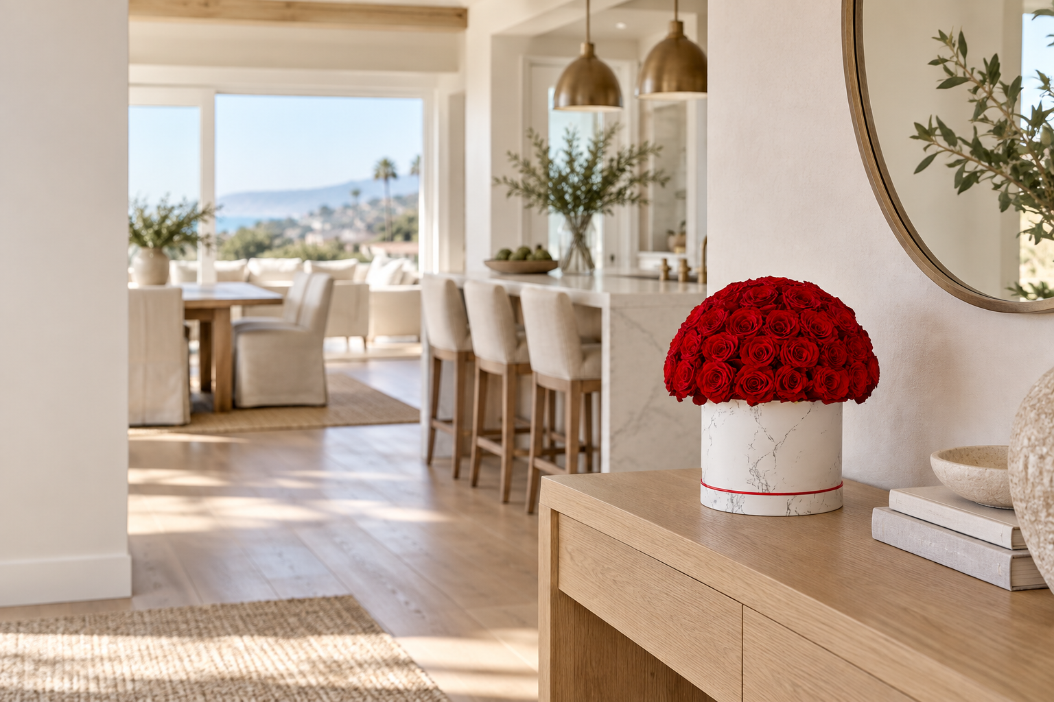 Illustrative coastal home interior with a red rose arrangement on an entry console